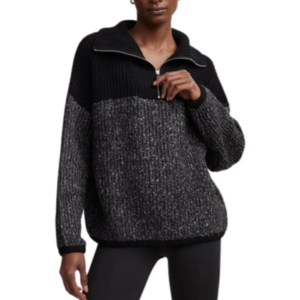 Varley Willard Half Zip Knit Colorblock Pullover Sweater Black